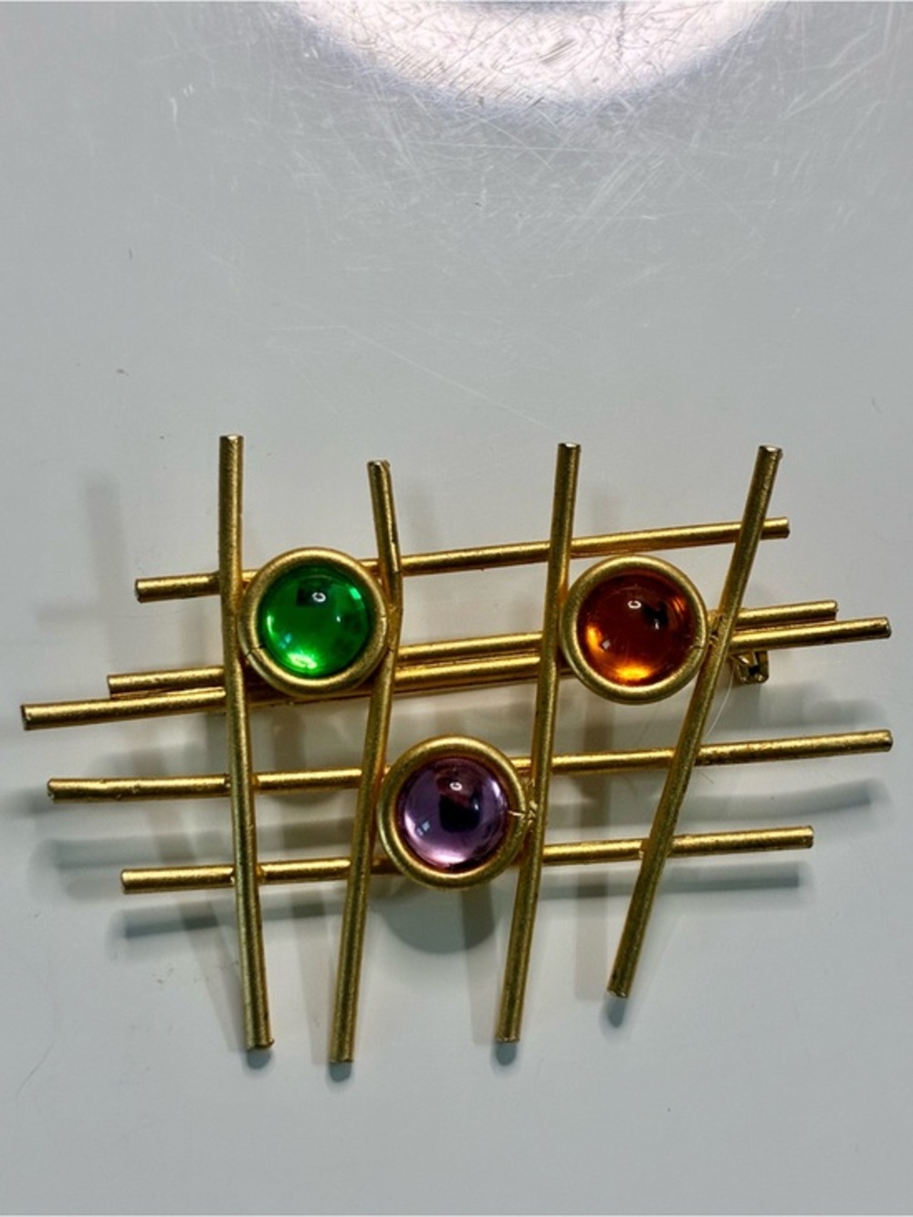 Colorful Gold-tone Brooch with Green, Amber and Purple Cabochons